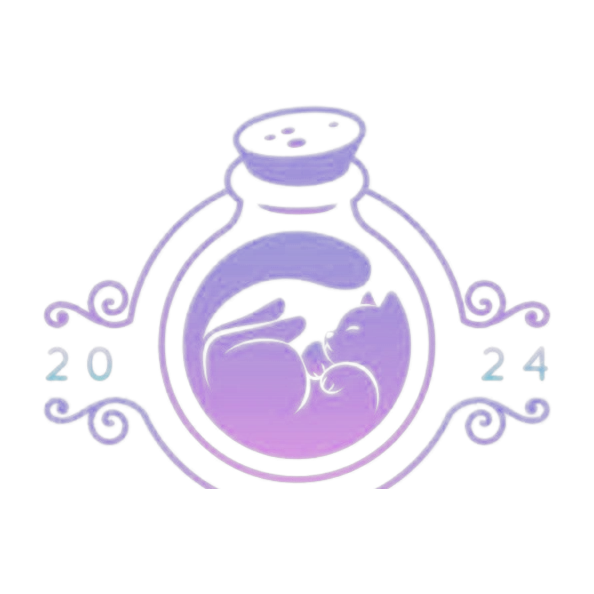 This Mom Paints Minis logo &mdash; a sleeping cat inside a glowing potion bottle, est. 2024